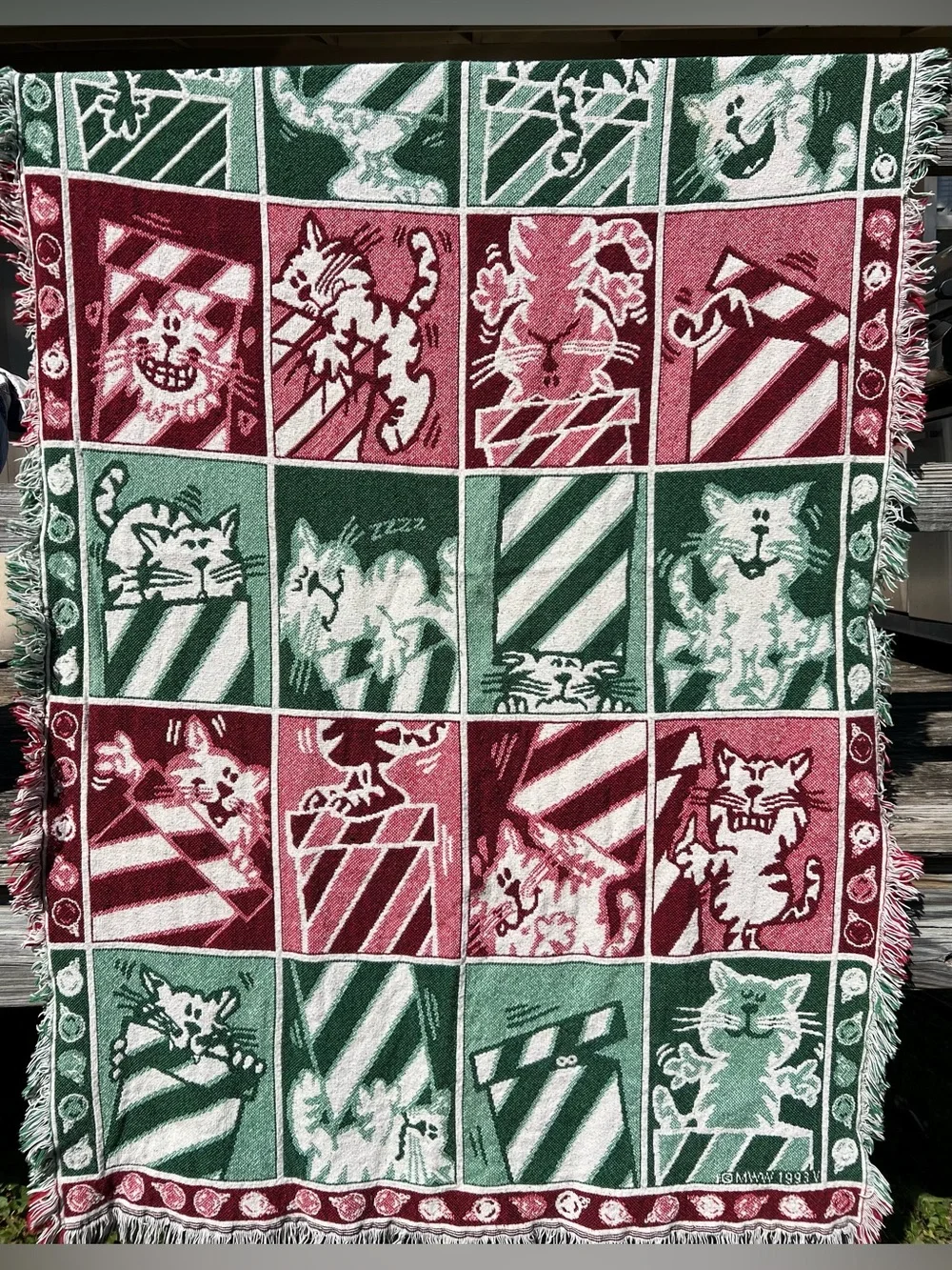 Vintage 1993 Christmas Cats Tapestry Throw Blanket Red Green Fringe